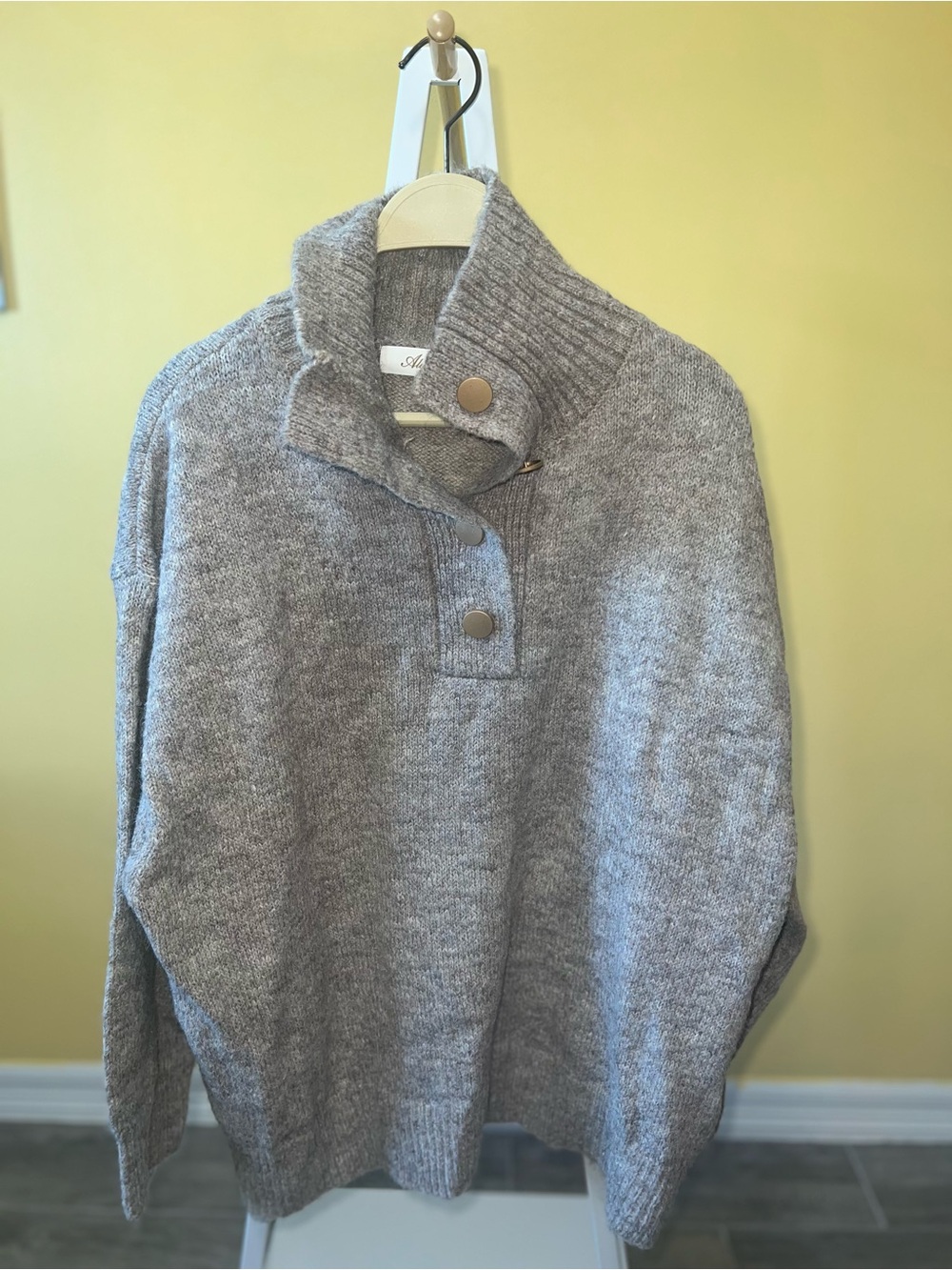 Button-Front Cowl Turtleneck Sweater - Gray